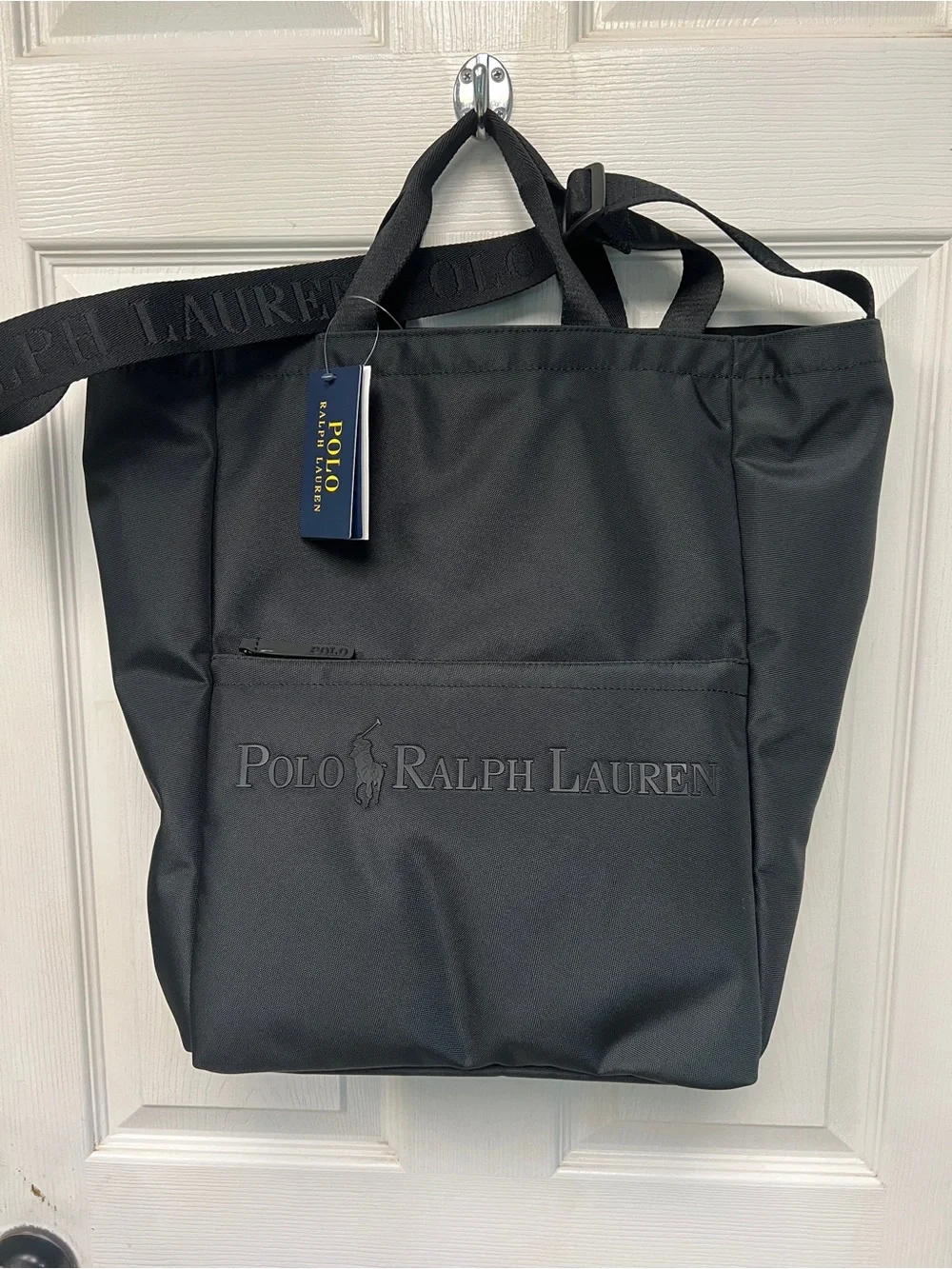 Polo by Ralph Lauren Tonal Black Embossed Logo Messenger Tote